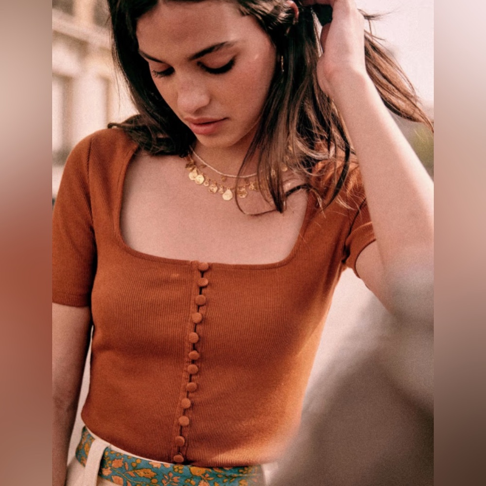 Sezane Brown Short Sleeve Top